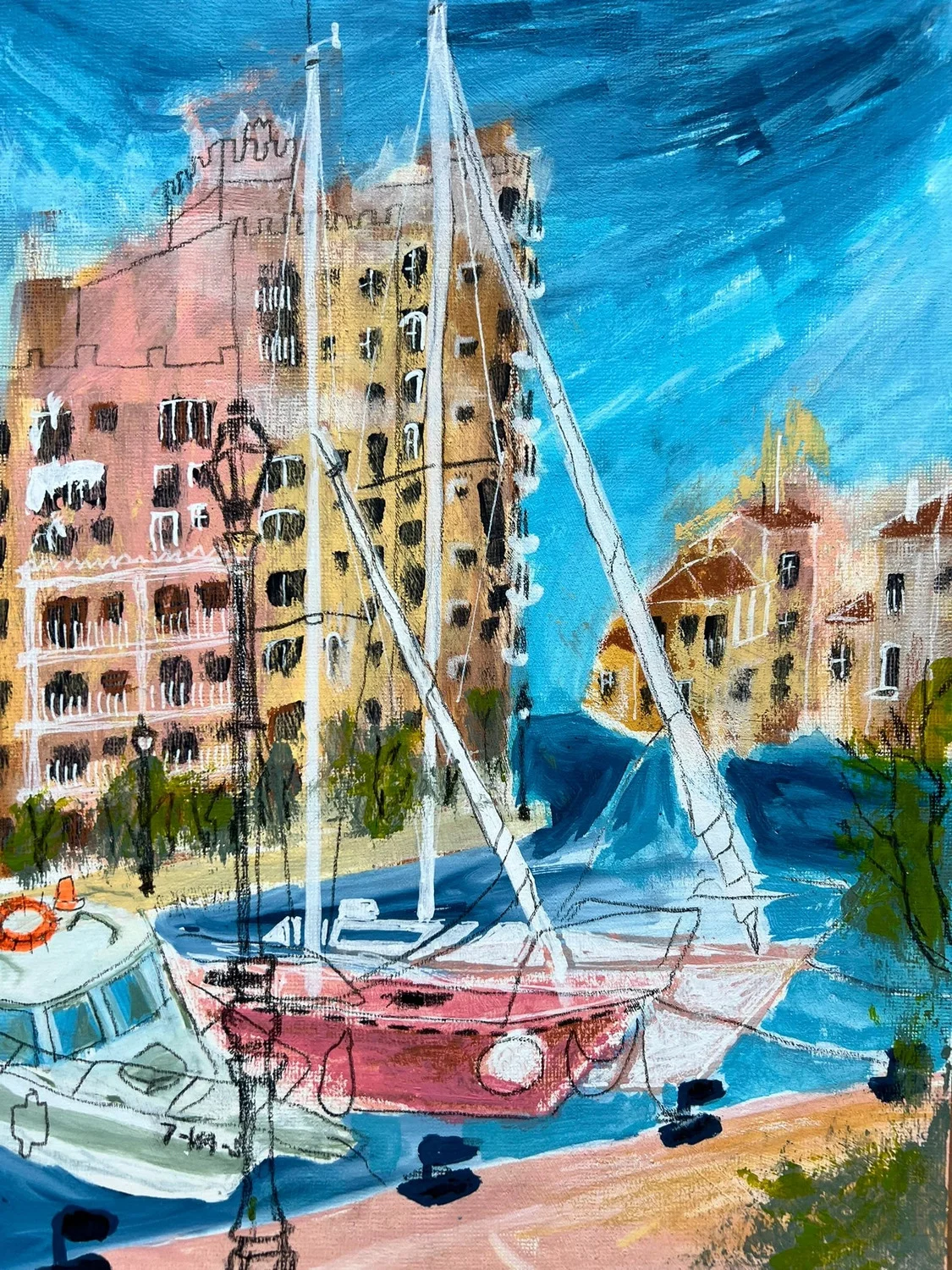 Superstories by Angélica Colomine – Artwork – Abstract painting of sailboats in a colorful waterfront harbor.
