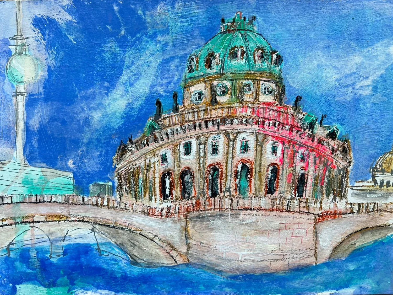 Superstories by Angélica Colomine – Artwork – Abstract painting of Berlin Cathedral with the TV Tower and river.