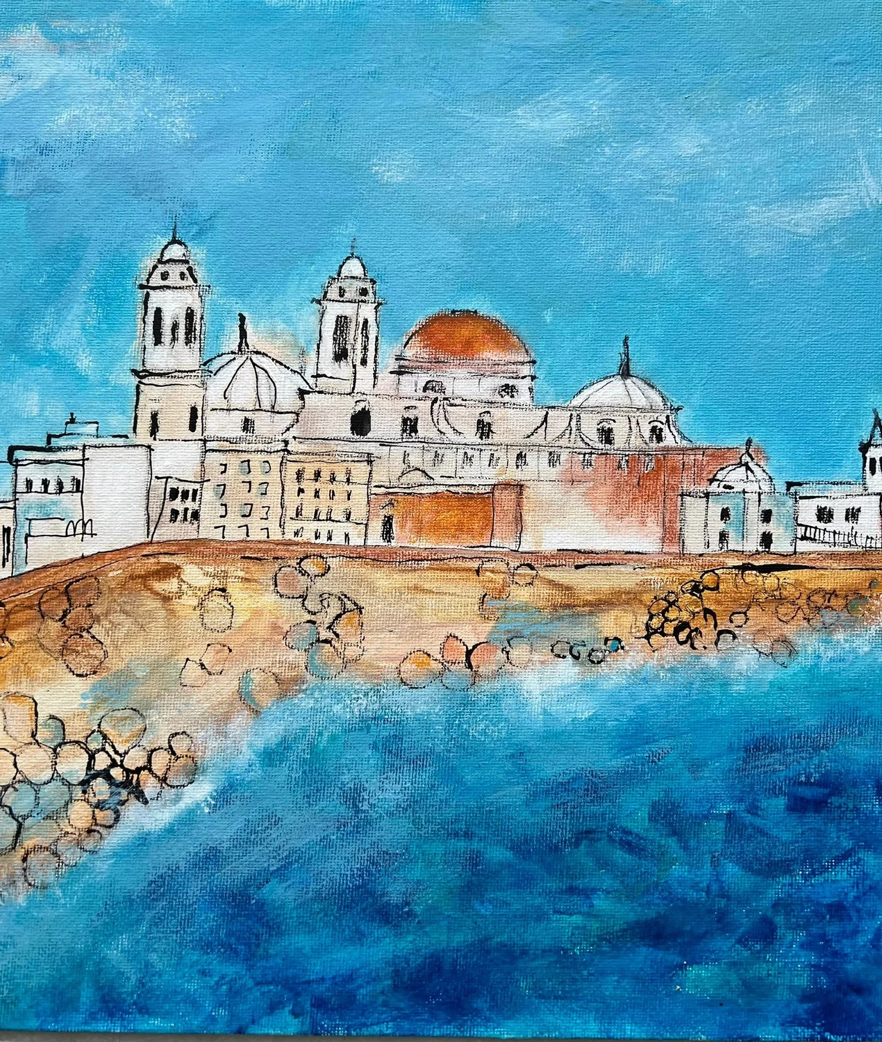 Superstories by Angélica Colomine – Artwork – Abstract painting of a coastal city skyline with blue sea and historic architecture.