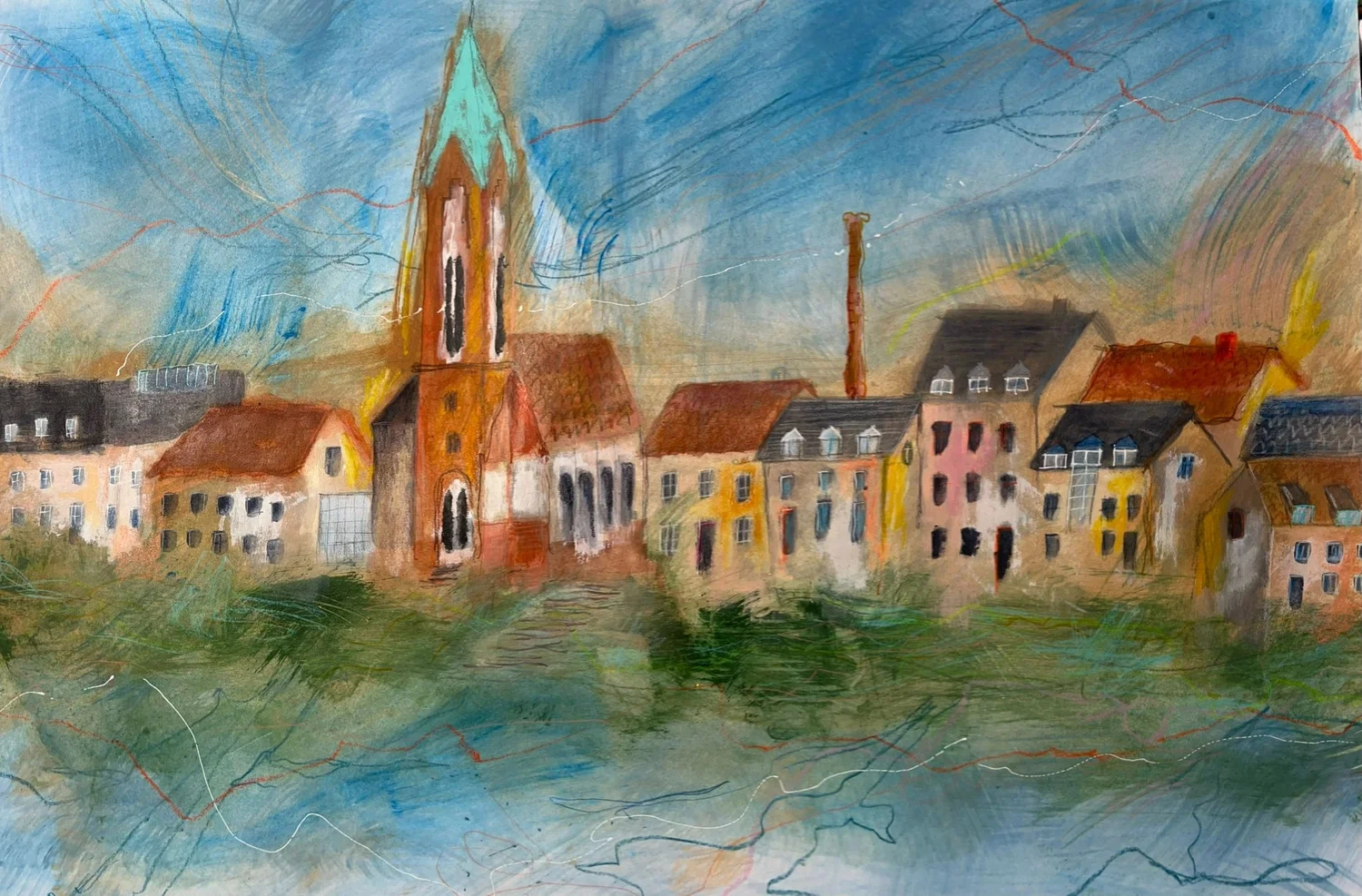 Superstories by Angélica Colomine – Artwork – Abstract painting of a colorful village with a church and waterfront.