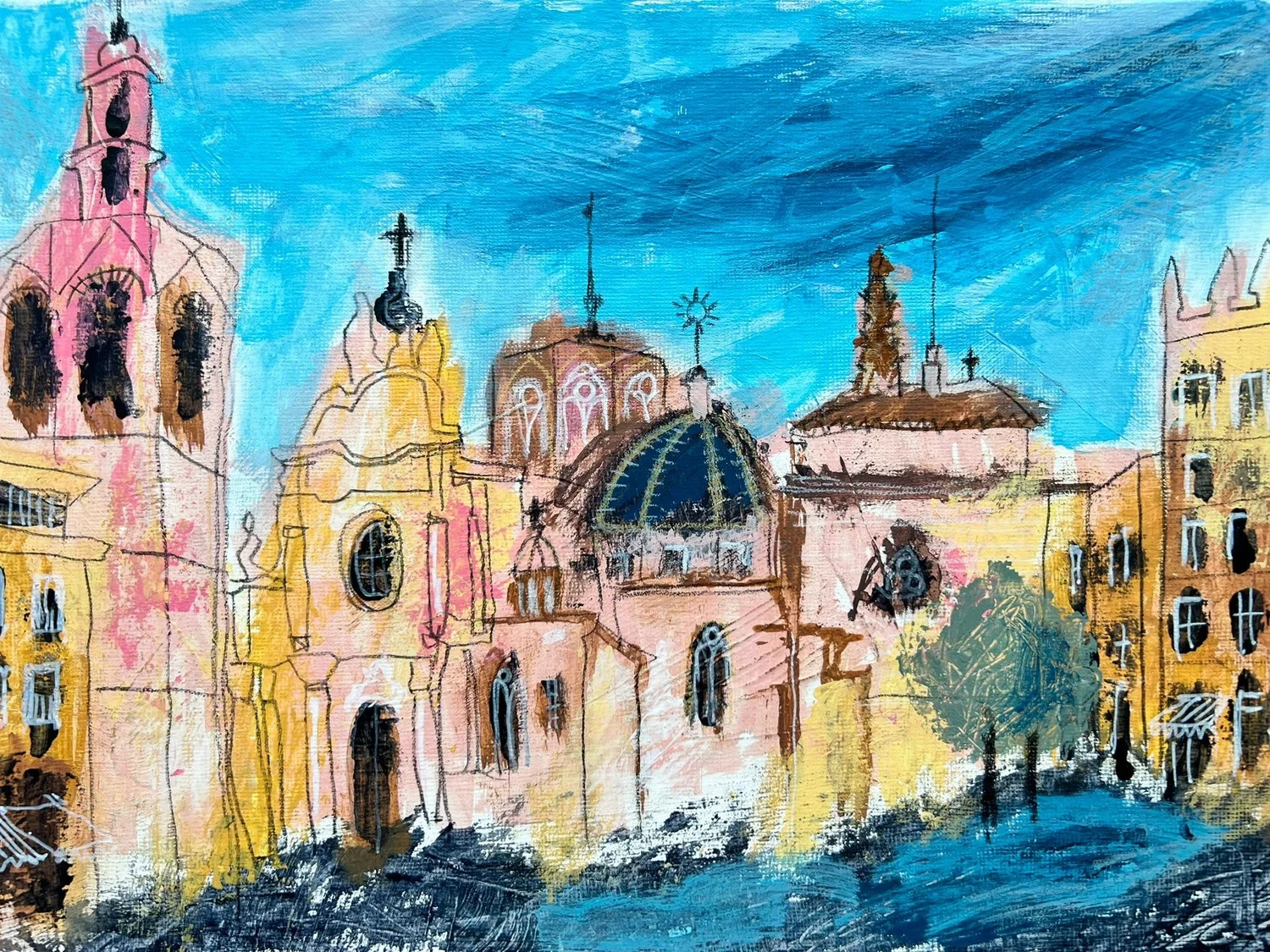 Superstories by Angélica Colomine – Artwork – Abstract painting of a colorful historic town square with church architecture.