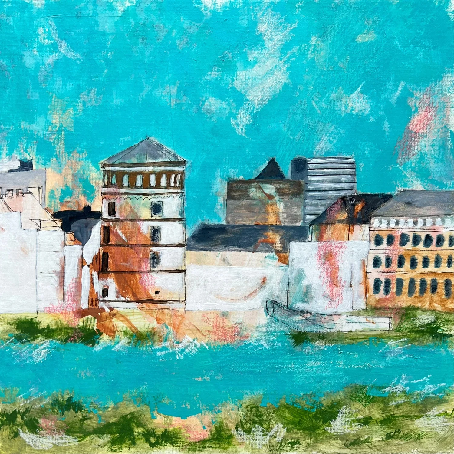 Superstories by Angélica Colomine – Artwork – Abstract painting of a riverside city skyline with historic and modern architecture.