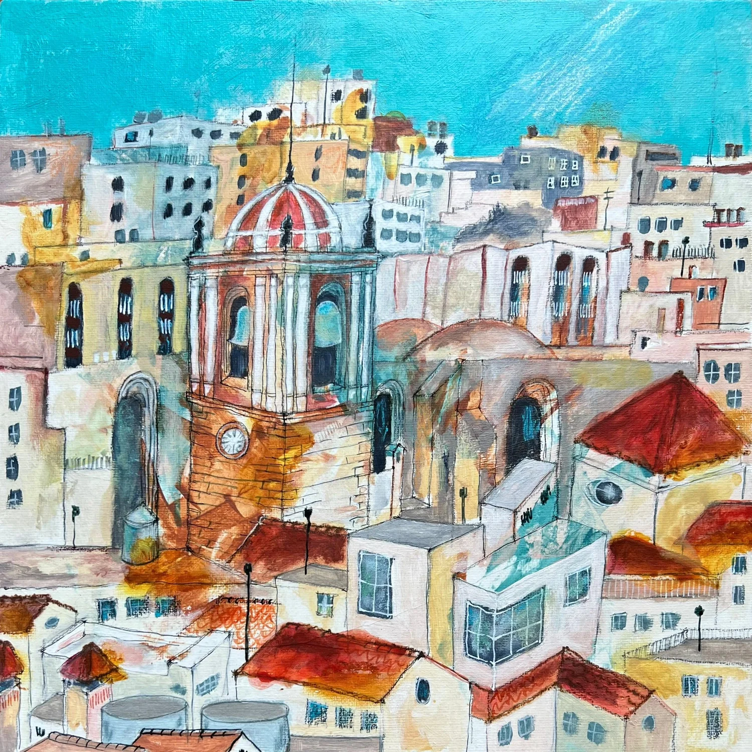 Superstories by Angélica Colomine – Artwork – Abstract painting of a historic cityscape with a domed clock tower and colorful buildings.