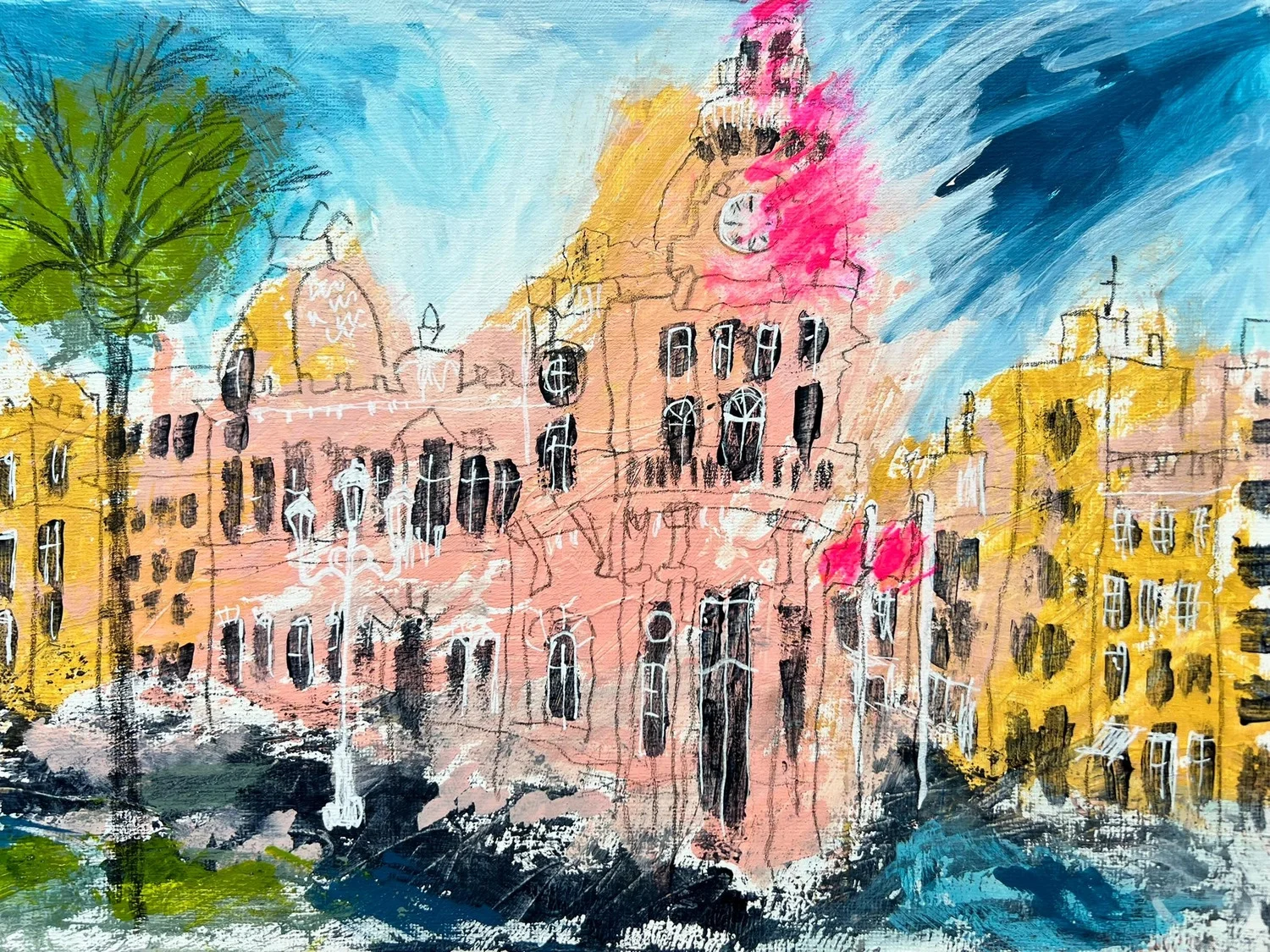 Superstories by Angélica Colomine – Artwork – Abstract painting of a colorful historic building with a clock tower and fountain.